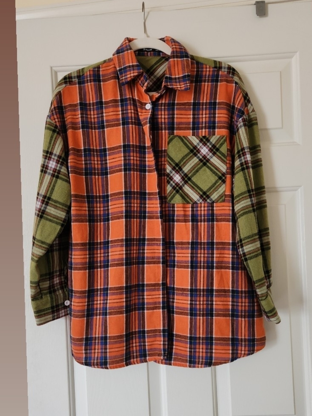 SHEIN Orange & Olive Plaid Button-Down Shirt